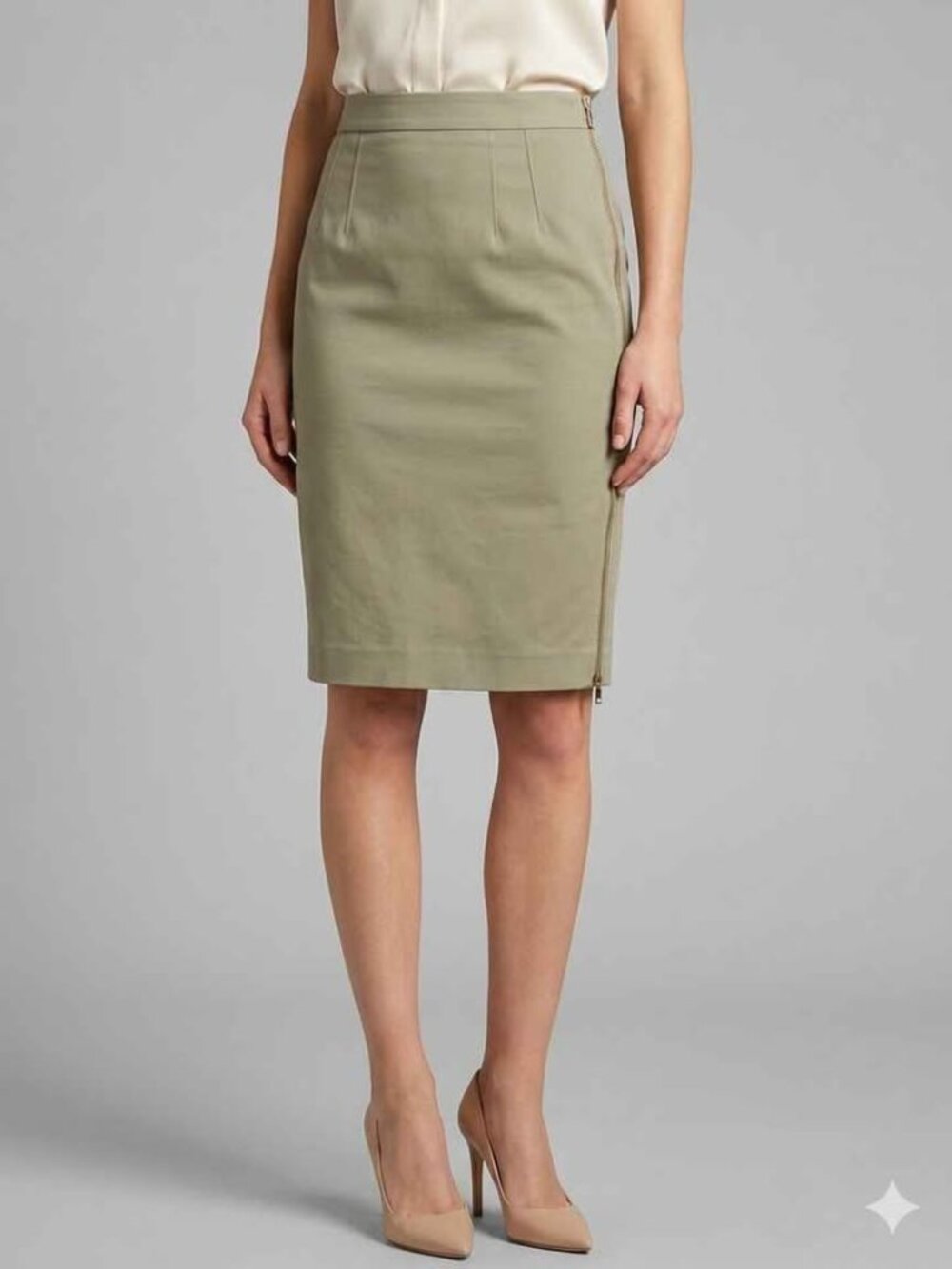 Club Monaco tailored knee length cotton pencil skirt in neutral kaki taupe color